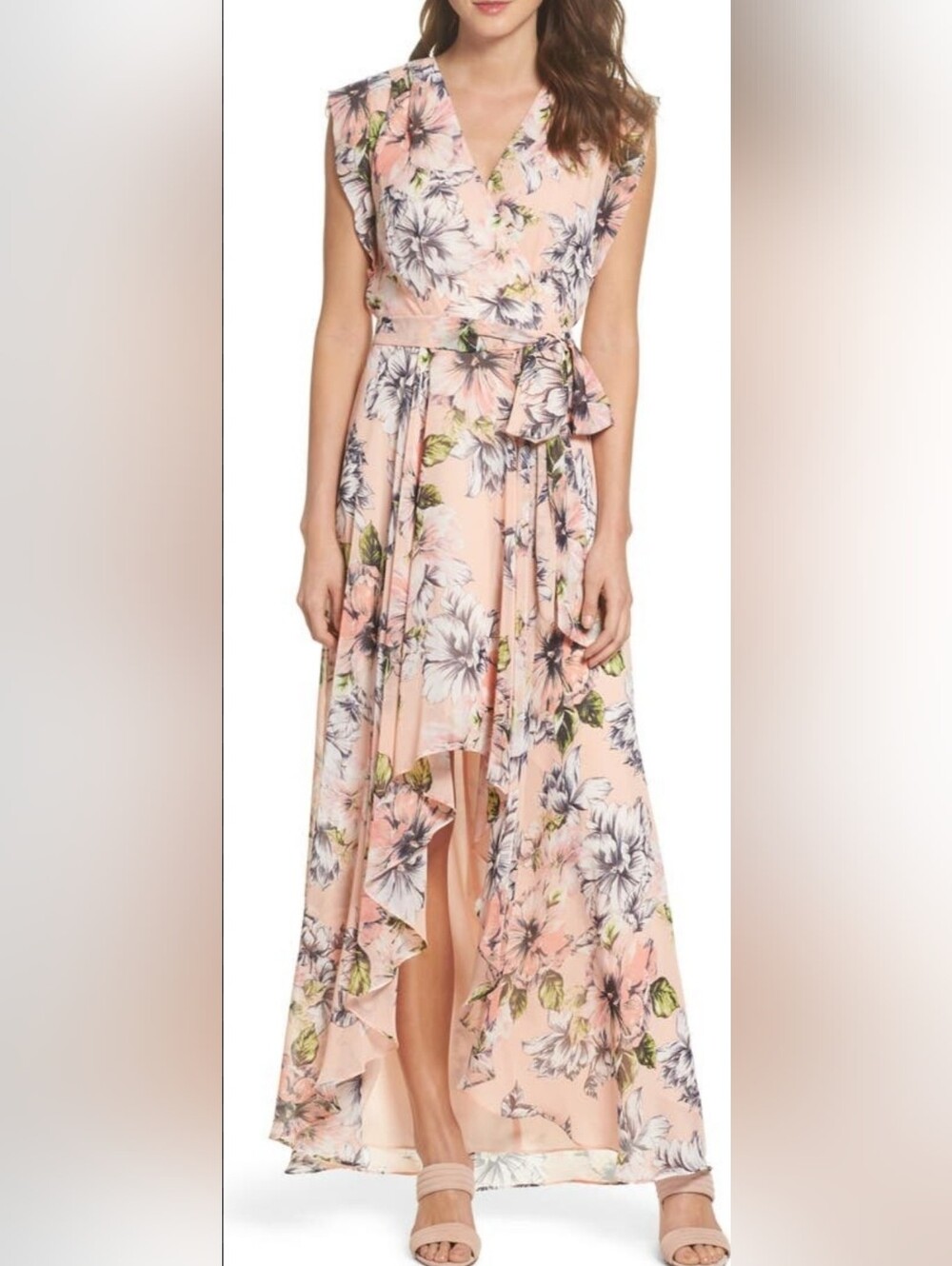 Eliza J Faux Wrap Chiffon Floral High-Low Maxi Dress Size 6